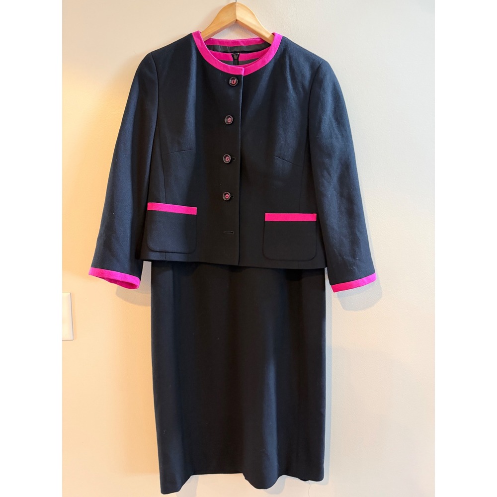 Louis Feraud Wool Skirt Suit Set black Pink Trim Jacket Sheath Dress Size 10